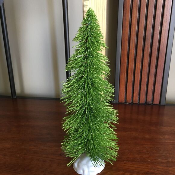 4 Green Glitter Tabletop Decor Bottle Brush Christmas Trees Snow Base 9" x 4" - Picture 3 of 12